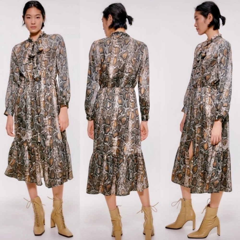 NWOT ZARA Zara Brown Snake Print Midi Long Sleeve Tiered Hem Dress Size XSmall
